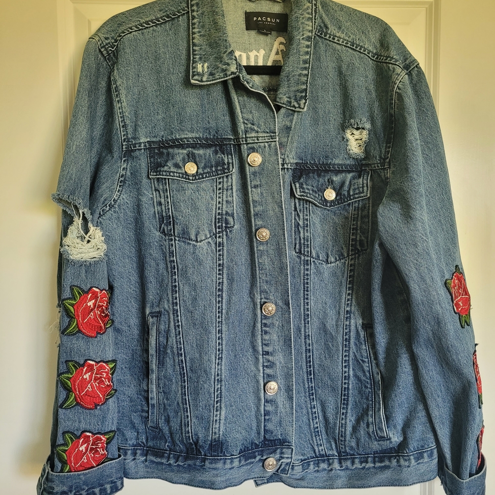 PacSun Blue Jean Jacket with Red Rose Embroidery